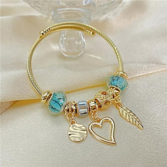 Gold Plated Charm Bracelet Adjustable Stainless Steel Cuff Cubic Zirconia Bangle - Picture 4 of 7